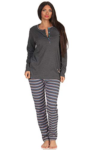 NORMANN-Wäschefabrik Damen Pyjama Kuschelinterlock Hose gestreift - süsses Faultier Tiermotiv - auch in Übergrössen, Farbe:anthrazit-Melange, Größe2:48/50 von NORMANN-Wäschefabrik