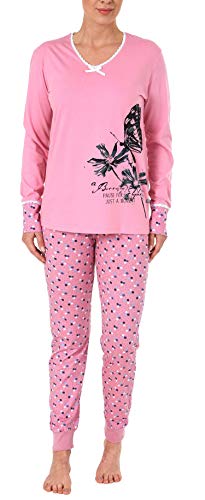 Damen Schlafanzug Pyjama Langarm mit Spitze, abgesetzten Bündchen und Blumem Tupfen Design, Farbe:rosa, Größe2:40 von Normann