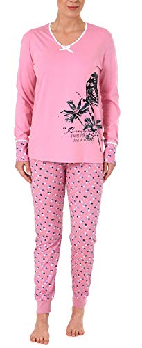 Damen Schlafanzug Pyjama Langarm mit Spitze, abgesetzten Bündchen und Blumem Tupfen Design, Farbe:rosa, Größe2:40 von NORMANN-Wäschefabrik