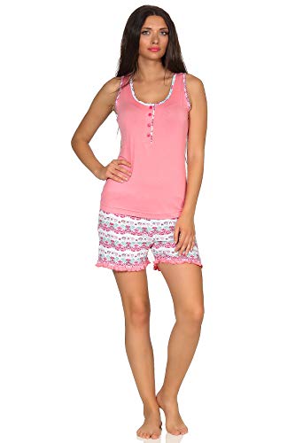 Ärmelloser Damen Achsel Shorty Schlafanzug Pyjama aus weichem Viskose Stoff, Hose geblümt, Farbe:rosa, Größe2:40/42 von Normann