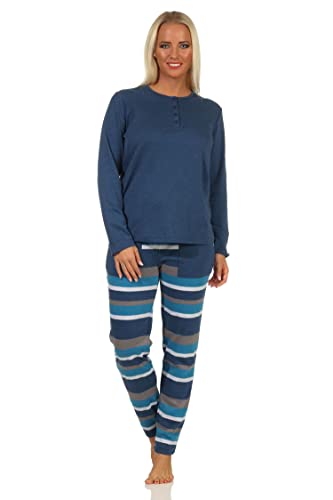 Cooler Damen Pyjama Schlafanzug mit gestreifter Hose in kuscheliger Interlock Qualität, Farbe:blau, Größe:36-38 von NORMANN-Wäschefabrik