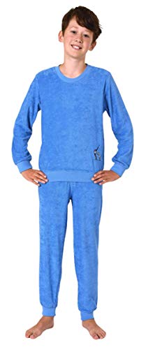 Cooler Jungen Frottee Pyjama Langarm Schlafanzug mit Bündchen - 62103, Farbe:blau, Größe:128 von NORMANN-Wäschefabrik