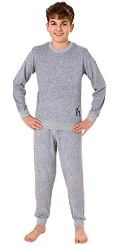 Cooler Jungen Frottee Pyjama Langarm Schlafanzug mit Bündchen - 62103, Farbe:grau, Größe:152 von NORMANN-Wäschefabrik