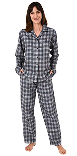 Damen Flanell Pyjama Schlafanzug Langarm kariert – auch in Übergrößen 281 201 95 991, Farbe:grau, Größe2:36/38 von NORMANN-Wäschefabrik