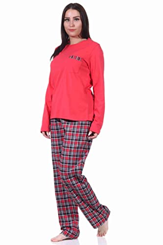 Damen Flanell Schlafanzug Pyjama Set lang mit Flanell Hose und Jersey Oberteil, Farbe:rot, Größe:40-42 von NORMANN-Wäschefabrik