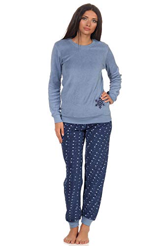 Damen Frottee Pyjama Schlafanzug Langarm mit Bündchen und Eiskristall Motiv 281 201 03 004, Farbe:blau, Größe2:48/50 von NORMANN-Wäschefabrik