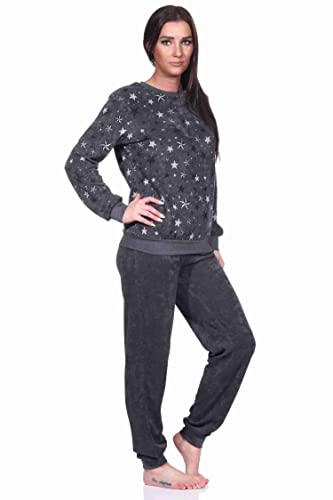 Damen Frottee Pyjama Schlafanzug mit Bündchen in edlen Sterne Design - auch in Übergrößen, Farbe:anthrazit, Größe:44-46 von NORMANN-Wäschefabrik