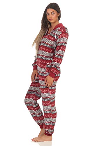 Damen Jumpsuit Overall Schlafanzug Norweger-Look, Overall mit Kapuze - 291 267 97 959, Farbe:rot, Größe2:36/38 von Normann