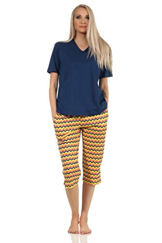 Damen Kurzarm Capri Schlafanzug Pyjama im Ethnostyle - auch in Übergrössen - 112 204 899, Farbe:Marine, Größe:36-38 von Normann