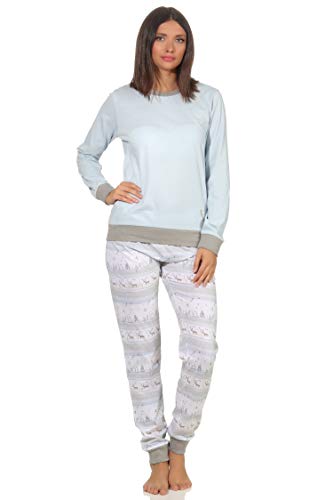 Damen Pyjama Schlafanzug mit Renntiermotiv Langarm mit oder ohne Bündchen Weihnachtsmotiv, Farbe:hellblau, Größe2:48/50 von NORMANN-Wäschefabrik