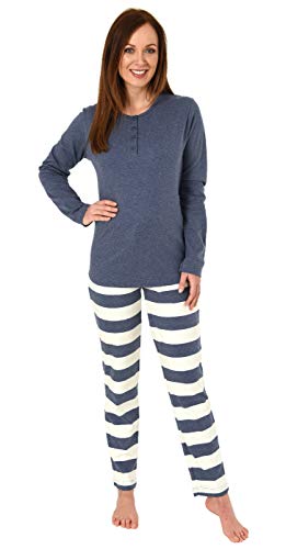 Damen Pyjama Schlafanzug mit gestreifter Hose - Kuschel Interlock - auch in Übergrössen, Farbe:blau, Größe2:48/50 von NORMANN-Wäschefabrik