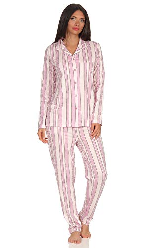 Damen Pyjama Streifenoptik Schlafanzug zum durchknöpfen - Klassische Form mit Reverskragen, Farbe:rosa, Größe2:44/46 von Normann