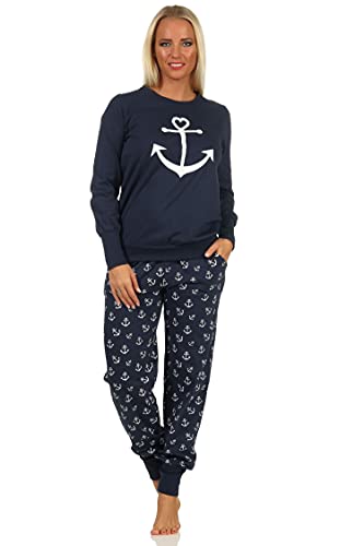 Damen Schlafanzug Pyjama mit Bündchen in maritimer Optik mit Anker als Motiv -212 90 910, Farbe:Marine, Größe:36-38 von NORMANN-Wäschefabrik