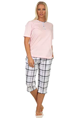 Edler Damen Capri Schlafanzug Pyjama Kurzarm mit Karierter Hose aus Jersey - 112 90 445, Farbe:rosa, Größe:40-42 von Normann