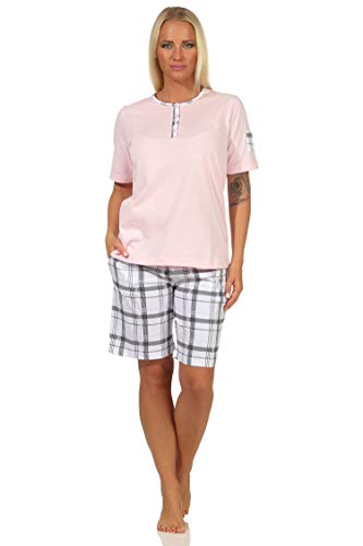 Edler Damen Schlafanzug Shorty Pyjama Kurzarm mit Karierter Hose aus Jersey - 112 205 445, Farbe:rosa, Größe:36-38 von NORMANN-Wäschefabrik