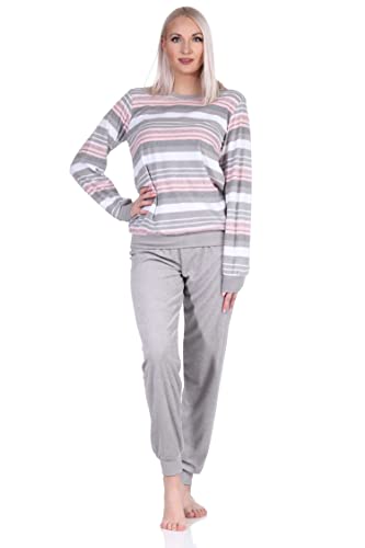 Eleganter Damen Frottee Pyjama Langarm Schlafanzug mit Bündchen in Streifenoptik - 212 840, Farbe:grau, Größe:36-38 von NORMANN-Wäschefabrik