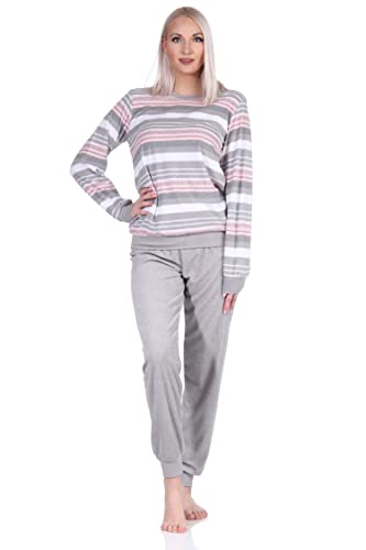 Eleganter Damen Frottee Pyjama Langarm Schlafanzug mit Bündchen in Streifenoptik - 212 840, Farbe:grau, Größe:44-46 von NORMANN-Wäschefabrik