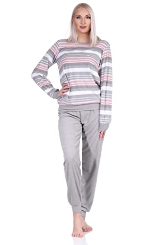 Eleganter Damen Frottee Pyjama Langarm Schlafanzug mit Bündchen in Streifenoptik - 212 840, Farbe:grau, Größe:48-50 von NORMANN-Wäschefabrik