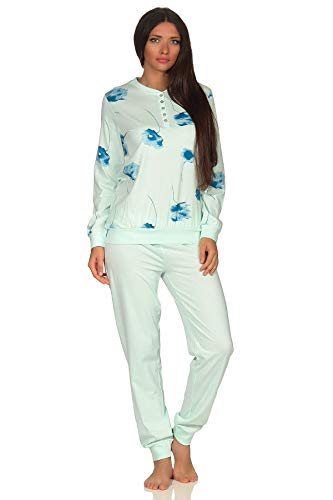 Eleganter Damen Pyjama Schlafanzug Langarm mit Bündchen und Blumenprint - 291 201 90 193, Farbe:helltürkis, Größe2:52/54 von NORMANN-Wäschefabrik