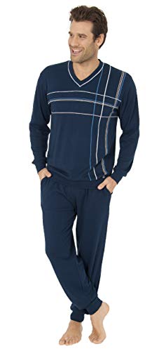Eleganter Herren Pyjama Schlafanzug lang mit V-Hals - 202 101 90 771, Farbe:Marine, Größe:48 von NORMANN-Wäschefabrik