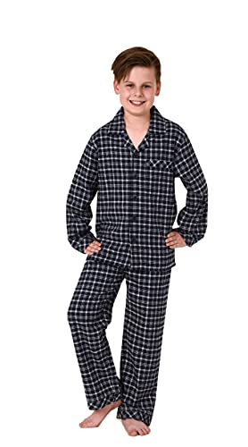 Jungen Flanell Pyjama Langarm Schlafanzug in Karo Optik mit Knopfleiste - 222 501 15 851, Farbe:grau, Größe:128 von NORMANN-Wäschefabrik