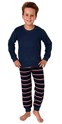 Jungen Frottee Pyjama Langarm Schlafanzug mit Bündchen und Soccer - Fussball Motiv, Farbe:blau, Größe:122/128 von Normann
