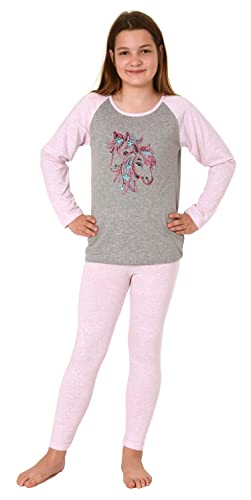 NORMANN-Wäschefabrik Mädchen Schlafanzug Langarm, Pyjama mit süßem Pferde-Motiv - 112 401 10 701, Farbe:grau, Größe:128 von NORMANN-Wäschefabrik