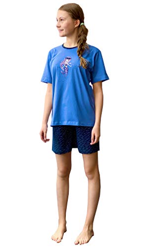 Mädchen Shorty Pyjama Schlafanzug Kurzarm mit niedlicher Meerjungfrau als Motiv - 63989, Farbe:blau, Größe:158/164 von Normann