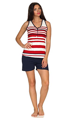 Maritimer Damen Achselhemd Shorty Pyjama Kurzarm in Streifenoptik und mit Knopfleiste, Farbe:rot, Größe2:44/46 von NORMANN-Wäschefabrik