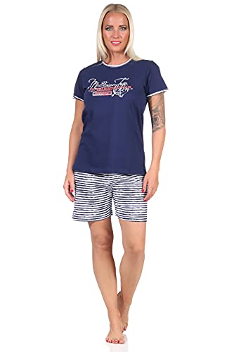 Maritimer Damen Shorty Kurzarm, gestreifte Shorts und Front-Print - 60888, Farbe:Marine, Größe:40/42 von NORMANN-Wäschefabrik