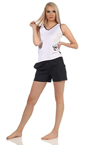 NORMANN-Wäschefabrik Damen Achselhemd Shorty Pyjama Tanktop mit Katze als Motiv, Hose in Tupfen Optik, Farbe:rosa, Größe:36-38 von NORMANN-Wäschefabrik