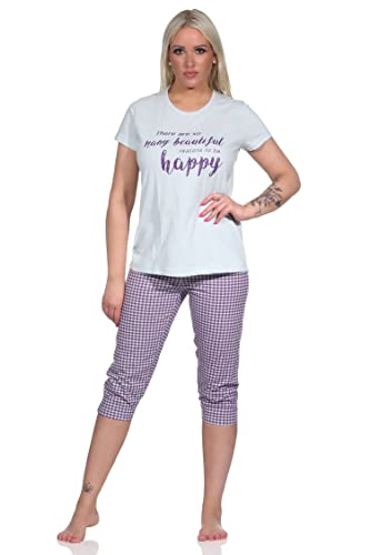 NORMANN-Wäschefabrik Damen Capri Pyjama, Schlafanzug mit Schriftzug und Karo-Hose - 112 204 10 734, Farbe:hellblau, Größe:44-46 von NORMANN-Wäschefabrik