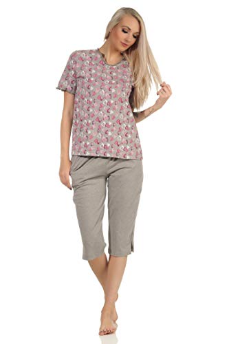 NORMANN-Wäschefabrik Damen Capri Pyjama Kurzarm mit Herzen als Motiv in Melange-Optik - auch in Übergrössen, Farbe:grau, Größe:36-38 von Normann