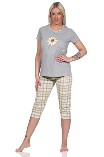 NORMANN-Wäschefabrik Damen Capri Schlafanzug Capri, Pyjama mit Front-Print und Karo Caprihose - 733, Farbe:gelb, Größe:48-50 von NORMANN-Wäschefabrik