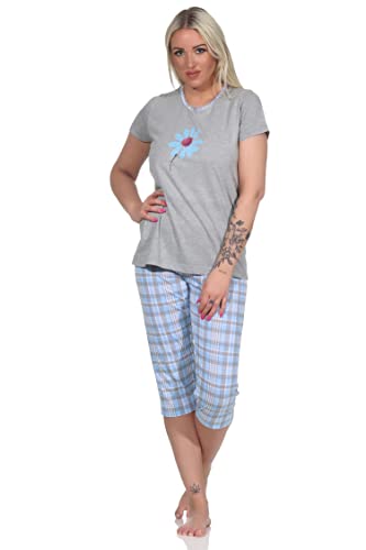 NORMANN-Wäschefabrik Damen Capri Schlafanzug Capri, Pyjama mit Front-Print und Karo Caprihose - 733, Farbe:hellblau, Größe:40-42 von NORMANN-Wäschefabrik