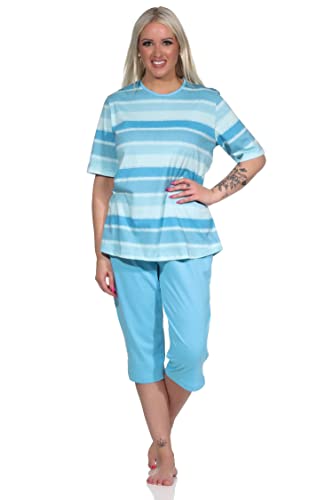 NORMANN-Wäschefabrik Damen Capri Schlafanzug Kurzarm Pyjama im farbenfrohen Streifen Look - 122 204 90 464, Farbe:blau, Größe:36-38 von NORMANN-Wäschefabrik