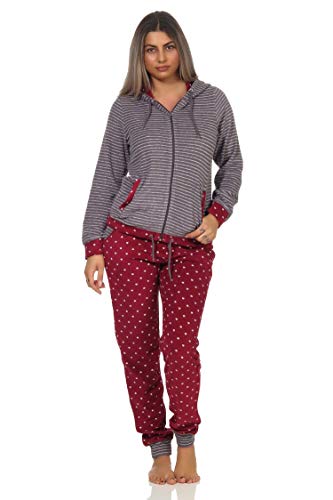 NORMANN-Wäschefabrik Damen Frottee Hausanzug Tupfendesign Homewear Loungewear - auch in Übergrössen bis 60/62, Farbe:Ringel rot, Größe:48/50 von NORMANN-Wäschefabrik