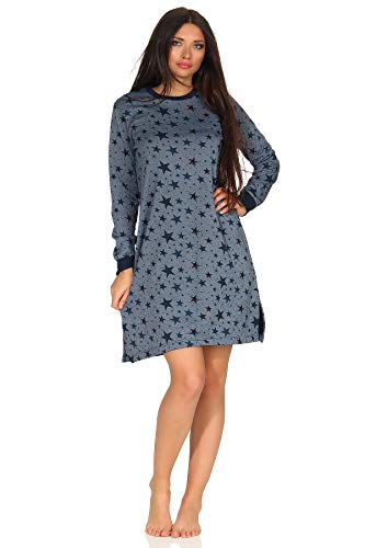 NORMANN-Wäschefabrik Damen Frottee Nachthemd mit Bündchen -– Sterne als Motiv - auch in Übergrößen bis Gr. 60/62, Farbe:Marine, Größe2:56/58 von NORMANN-Wäschefabrik