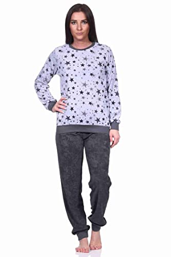 NORMANN-Wäschefabrik Damen Frottee Pyjama Schlafanzug mit Bündchen in edlen Sterne Design - auch in Übergrößen, Farbe:grau-Melange, Größe:36-38 von NORMANN-Wäschefabrik