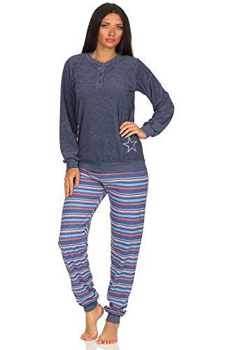 NORMANN-Wäschefabrik Damen Frottee Pyjama lang mit Bündchen - Hose gestreift - auch in Übergrössen - 291 93 236, Farbe:blau-Melange, Größe2:48/50 von Normann