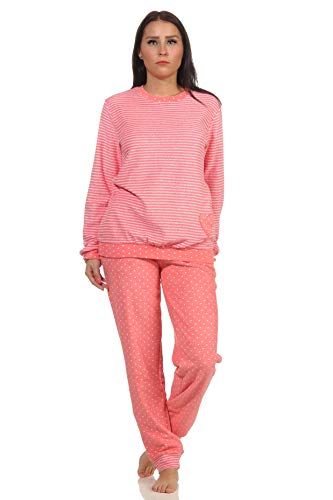 NORMANN-Wäschefabrik Damen Frottee Pyjama mit Bündchen in Herz-Tupfen Streifenoptik - auch in Übergrössen, Farbe:Ringel Lachs, Größe:44-46 von NORMANN-Wäschefabrik