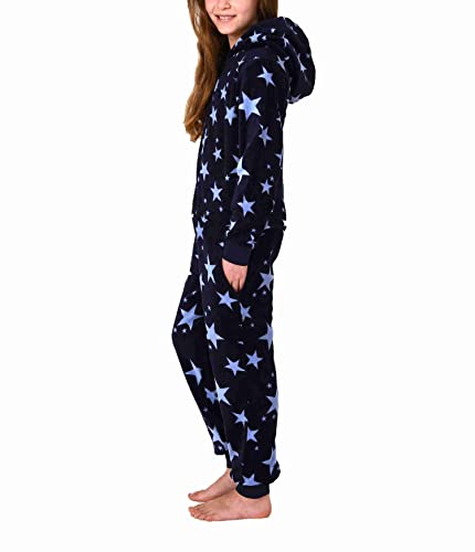 NORMANN-Wäschefabrik Damen Jumpsuit Overall mit Kapuze im Sternen Look aus Coralfleece - 202 267 961, Farbe:Marine, Größe:40/42 von NORMANN-Wäschefabrik