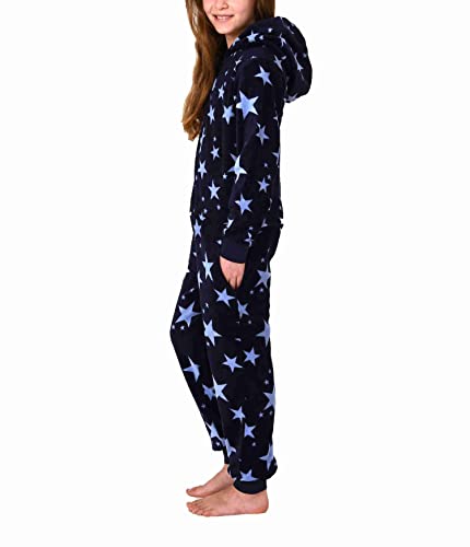 NORMANN-Wäschefabrik Damen Jumpsuit Overall mit Kapuze im Sternen Look aus Coralfleece - 202 267 961, Farbe:Marine, Größe:44/46 von NORMANN-Wäschefabrik