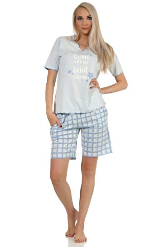 NORMANN-Wäschefabrik Damen Kurzarm Pyjama Shorty mit Karierter Jersey Hose - auch in Übergrössen erhältlich, Farbe:hellblau, Größe:60-62 von Normann