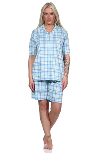 NORMANN-Wäschefabrik Damen Kurzarm Shorty Pyjama aus Jersey zum durchknöpfen in Karo-Optik-auch in Übergrössen, Farbe:helltürkis, Größe:60-62 von NORMANN-Wäschefabrik