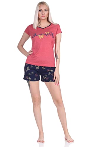 NORMANN-Wäschefabrik Damen Kurzarm Shorty Schlafanzug Pyjama mit Schmetterling als Motiv - auch in Übergrössen, Farbe:rot, Größe:40-42 von NORMANN-Wäschefabrik