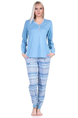Damen Langarm Schlafanzug mit Bündchen im Ethnolook - auch in Übergrössen - 122 201 90 226, Farbe:hellblau, Größe:36-38 von NORMANN-Wäschefabrik