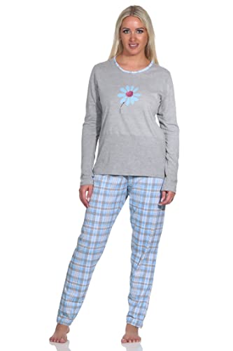 NORMANN-Wäschefabrik Damen Pyjama Langarm, Schlafanzug mit Karo-Muster - 112 201 10 733, Farbe:hellblau, Größe Damen 48/50 von NORMANN-Wäschefabrik