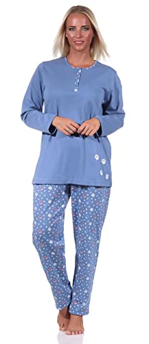 NORMANN-Wäschefabrik Damen Pyjama Langarm Schlafanzug in Kuschel Interlock Qualität mit niedlichem Tier Motiv, Farbe:blau, Größe:44-46 von NORMANN-Wäschefabrik