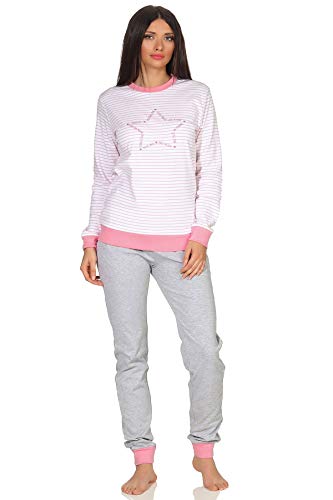 NORMANN-Wäschefabrik Damen Pyjama gestreift mit Bündchen Sterne Motiv - auch in Übergrößen - Kuschel Interlock, Farbe:Weiss, Größe2:56/58 von NORMANN-Wäschefabrik